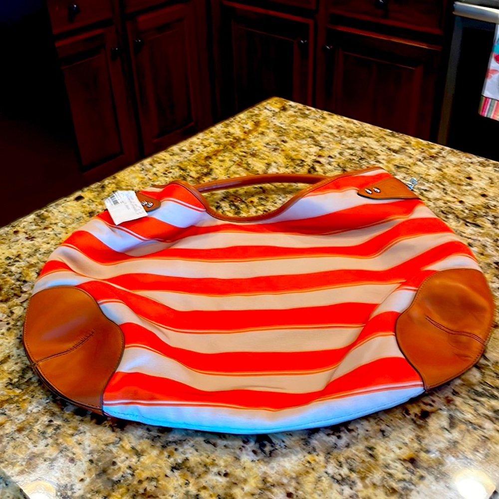 Ralph Lauren hobo purse with short shoulder strap, beige and orange stripe